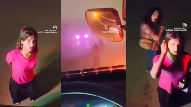 Sexy girl showing her pussy to a truck driver on the road